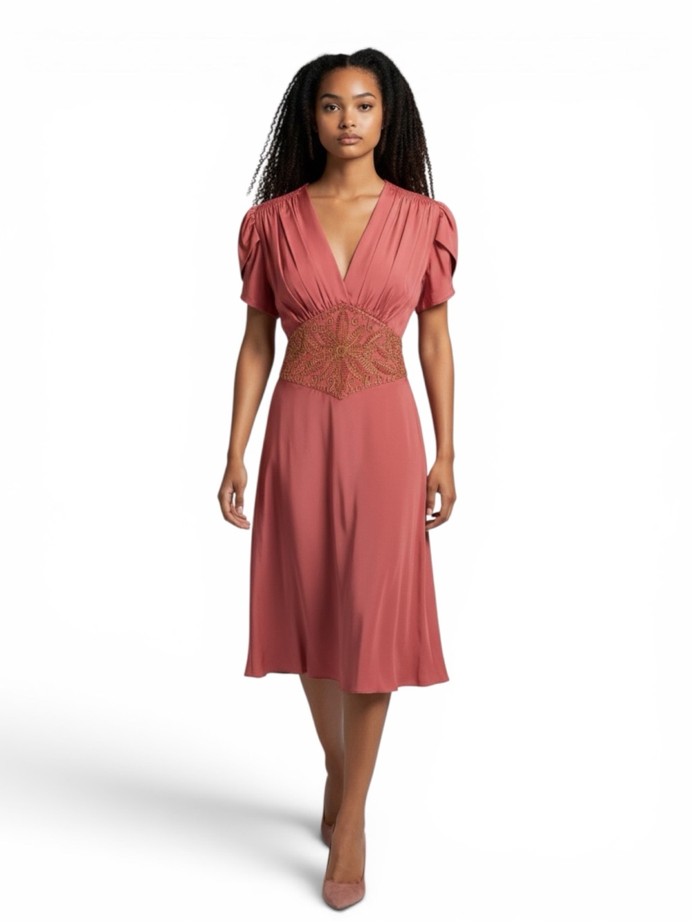 RYCH Silk Blend Midi Dress Size 6 Coral Pink Embroidered Waist Puff Sleeve Boho